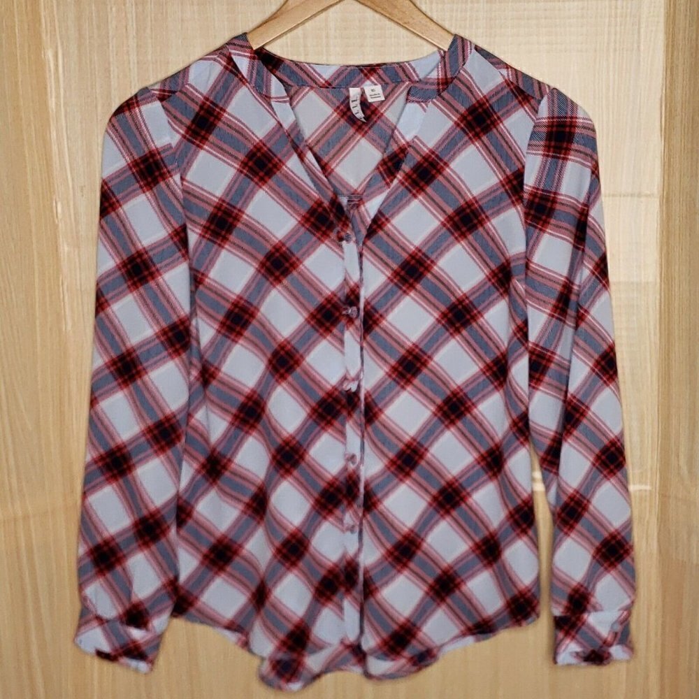 Elle Womens Silky Plaid Long Sleeve Career Blouse XS